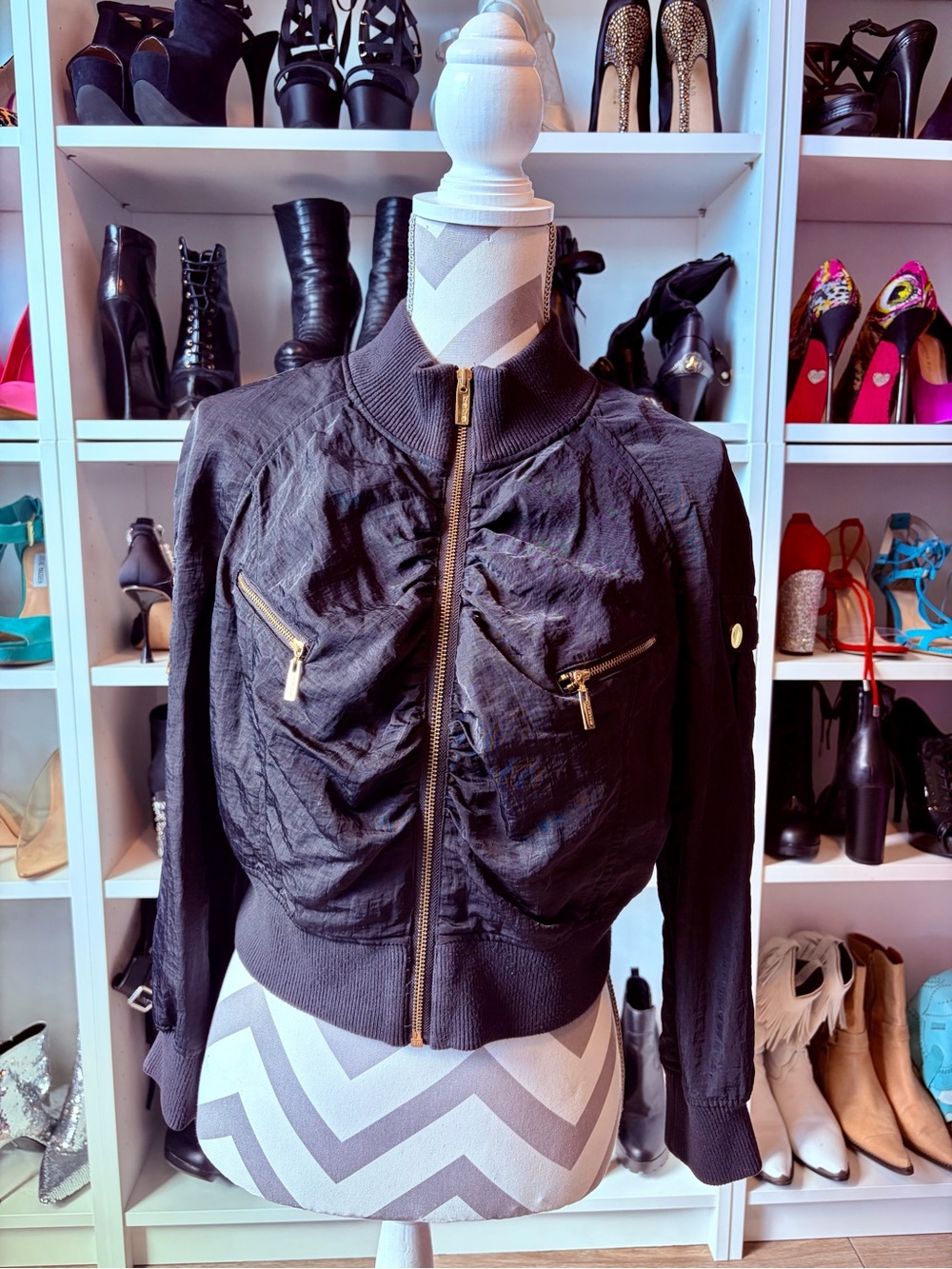 Bebe Black Bomber Jacket with Gold Zippers